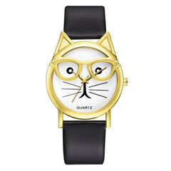 Women Watches Golden Border Cat Glasses Dial Ladies Casual Quartz Wristwatch Fashion Leather Strap Clock Dress Reloj Mujer @50