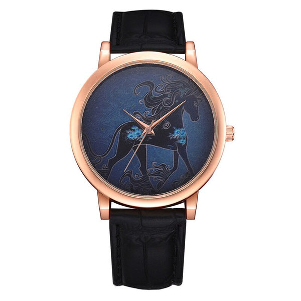 Casual  Women Watches Rose Gold  Dial Ladies Fashion Horse Pattern Quartz Wristwatch Simple Leather Strap Clock Reloj Mujer @50