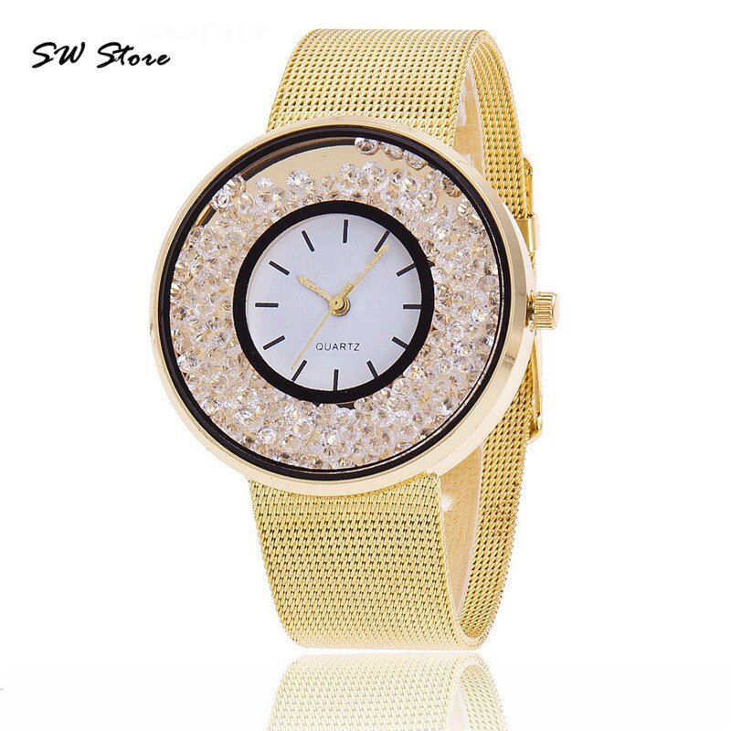 Quartz Watches SW Store Fashion Rose Gold Silver Mesh Band Wristwatch Luxury   Alloy Steel Women Rhinestone@50