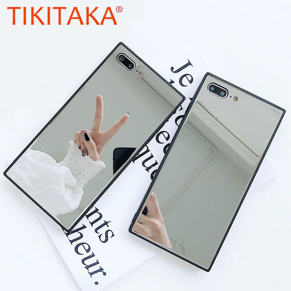 Fashion Square Makeup Mirror Case For iPhone X 8 7 6 6S Plus Cover Glossy Tempered Glass Mobile Phone Cases Shell Capa