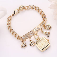 Women Watches Featured Alloy Rhinestone Love  Quartz Wristwatch Bracelet Watch Luxury Gold  Clock Ladies Zegarki Damskie@50