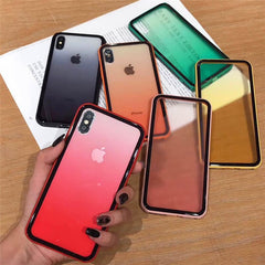 Colorful Shockproof Silicone Bumper Frame Glass Case For iPhone 11 X XR XS Max 8 7 6 6S Plus Rainbow Gradient Transparent Cover