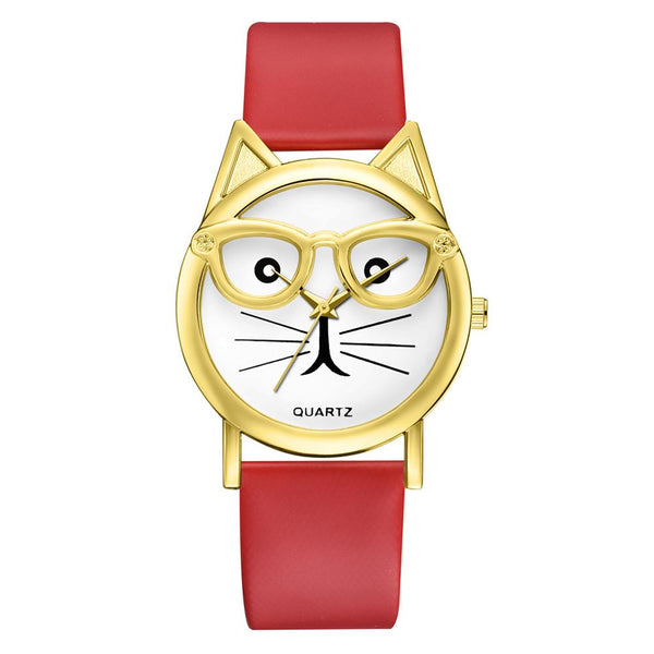 Women Watches Golden Border Cat Glasses Dial Ladies Casual Quartz Wristwatch Fashion Leather Strap Clock Dress Reloj Mujer @50