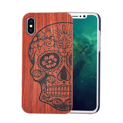Genuine Natural Wood Case For iPhone X 8 7 6 6s Plus 5s 5 SE Cover Novel Embossed Flower Skull Wolf Pattern Wooden Phone Cases