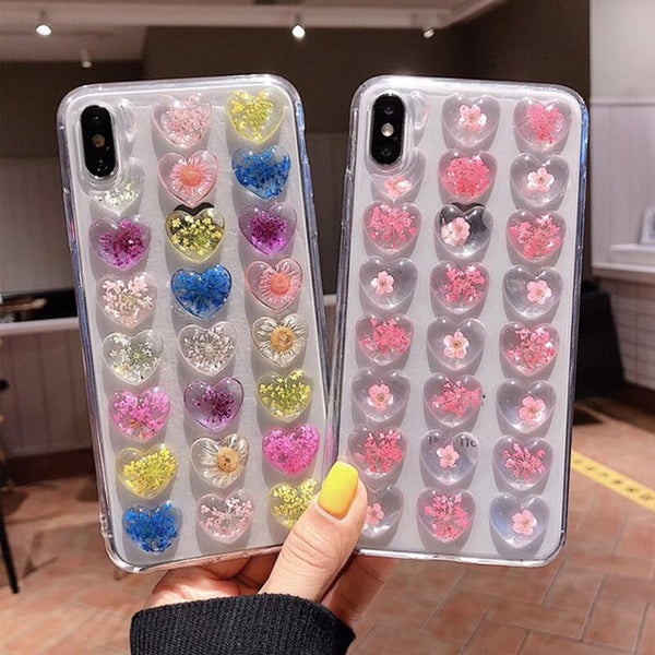 3D Pink Love Heart Phone Case for IPhone X XS Max xr 7 6s 8 Plus Candy Soft Silicone TPU Dried Flower Case Back Cover Female