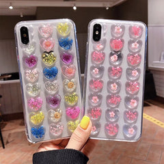 3D Pink Love Heart Phone Case for IPhone X XS Max xr 7 6s 8 Plus Candy Soft Silicone TPU Dried Flower Case Back Cover Female