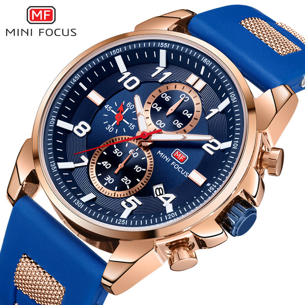 MINI FOCUS Gold Fashion Sports Watch Men Luxury Brand Analog Men's Watches Quartz Watches Man Clock Chronograph Silicone Strap