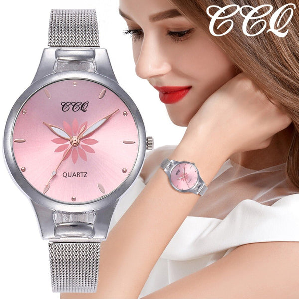 Women's Wristwatches Luxury Silver Popular Pink Dial Flowers Metal Ladies Bracelet Quartz Clock Fashion Zegarki Damskie @50