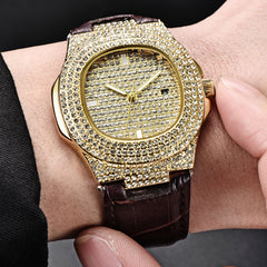 Men Wrist Watch Quartz Analog Date Leather Band Full Crystal Steady Gift Watch Man Watches Mens 2019 relogios masculinos