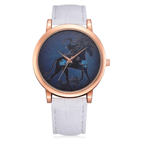 Casual  Women Watches Rose Gold  Dial Ladies Fashion Horse Pattern Quartz Wristwatch Simple Leather Strap Clock Reloj Mujer @50