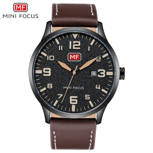 MINI FOCUS Fashion Genuine Leather Watch For Men Luxury Casual Men's Wristwatch Clock Quartz Arabic Number Calendar Analog Watch