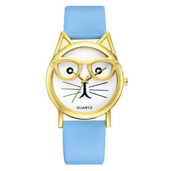 Women Watches Golden Border Cat Glasses Dial Ladies Casual Quartz Wristwatch Fashion Leather Strap Clock Dress Reloj Mujer @50
