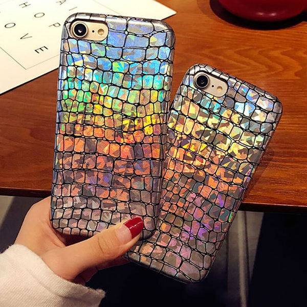Soft PU Leather Phone Cases For iPhone 7 6 6s Plus Fashion Laser Crocodile Pattern Back Cover Glitter Sequins Shell Coque