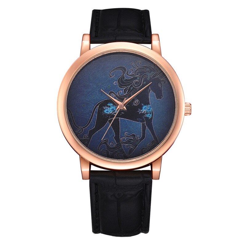 Casual  Women Watches Rose Gold  Dial Ladies Fashion Horse Pattern Quartz Wristwatch Simple Leather Strap Clock Reloj Mujer @50