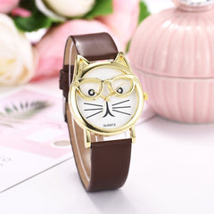 Women Watches Golden Border Cat Glasses Dial Ladies Casual Quartz Wristwatch Fashion Leather Strap Clock Dress Reloj Mujer @50
