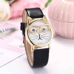 Women Watches Golden Border Cat Glasses Dial Ladies Casual Quartz Wristwatch Fashion Leather Strap Clock Dress Reloj Mujer @50
