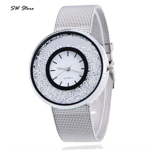Quartz Watches SW Store Fashion Rose Gold Silver Mesh Band Wristwatch Luxury   Alloy Steel Women Rhinestone@50