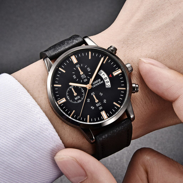 Men's Wristwatch Sport Stainless Steel Case Leather Band Quartz Analog Watch Man relojes hombre 2019 erkek kol saati