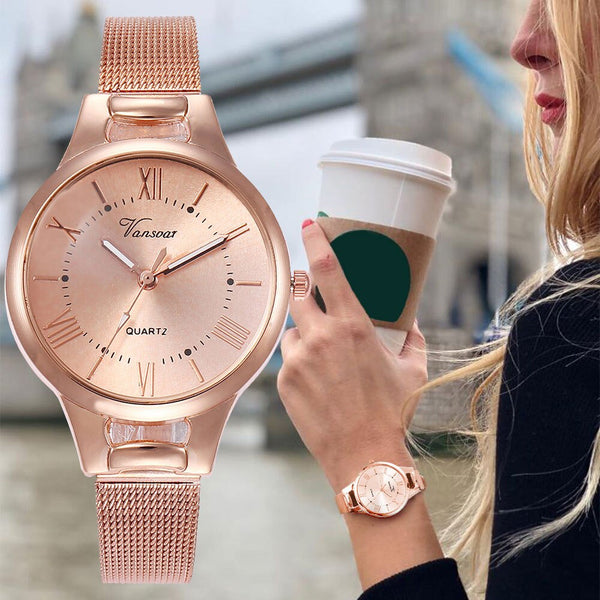 Casual Women Watches Simple  Dial Ladies  Quartz Wristwatch High Quality Rose Gold Mesh Belt Strap Clock Montre Femme@50