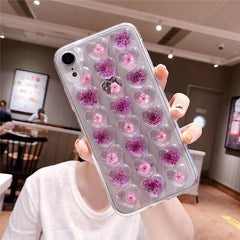3D Pink Love Heart Phone Case for IPhone X XS Max xr 7 6s 8 Plus Candy Soft Silicone TPU Dried Flower Case Back Cover Female