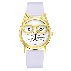 Women Watches Golden Border Cat Glasses Dial Ladies Casual Quartz Wristwatch Fashion Leather Strap Clock Dress Reloj Mujer @50