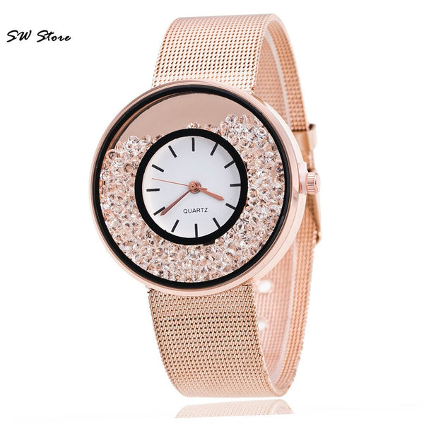 Quartz Watches SW Store Fashion Rose Gold Silver Mesh Band Wristwatch Luxury   Alloy Steel Women Rhinestone@50