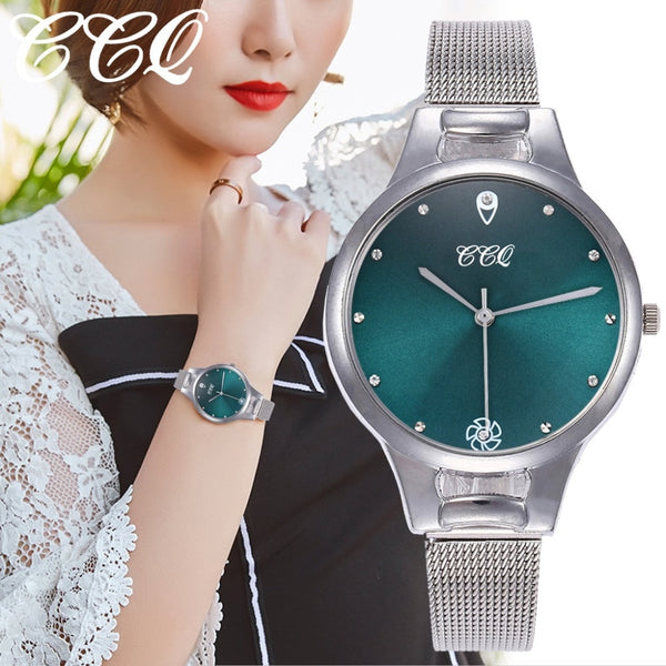 Women Watches Green Dial Ladies Quartz Wristwatch Luxury Silver Mesh Belt  Strap Clock Creative Dress Gift Relogio Feminino@50
