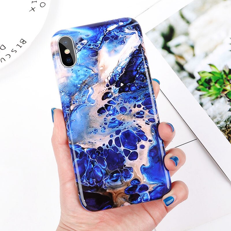 Marble Texture Rock Stone phone Case For iphone X 6 6S 7 8 Plus Colorful Art Blue Pattern Soft IMD Cover Cases Shell