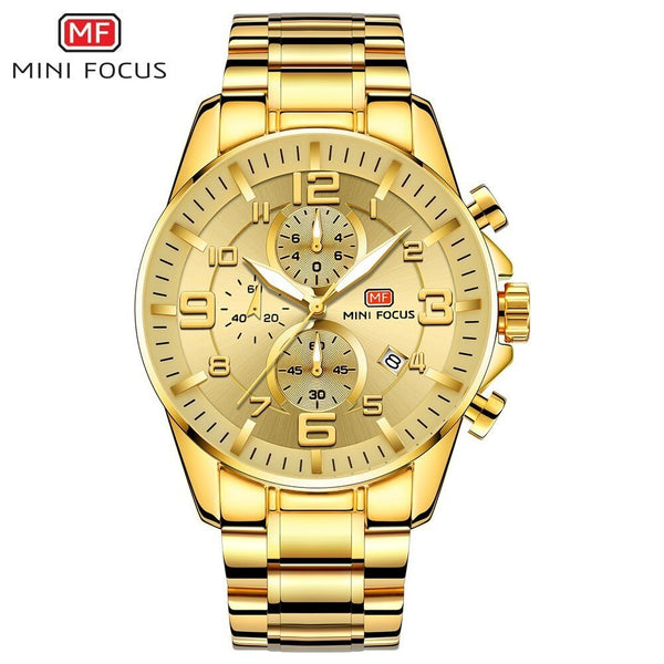 MINIFOCUS Sport Watch Men Luxury Brand Stainless Steel Gold Watch Mens Watches Quartz Chronograph Wrist Watches For Men Business