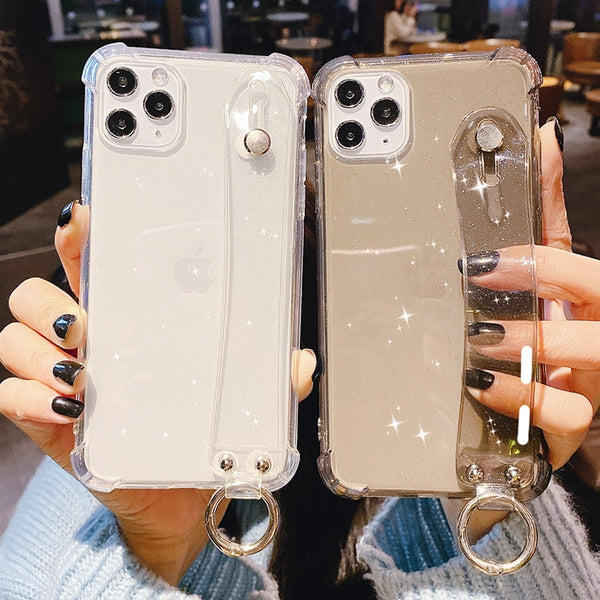 Glitter Powder Holder Phone Case For iPhone 11 XS Max XR X 8 7 6 6s Plus Transparent Wrist Strap Cover For iPhone 11 Pro Max