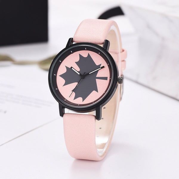 Modern Watch Women Black Maple Leaf Pattern Fashion Quartz Wristwatch High Quality Leather Strap Casual Female Montre Femme@50