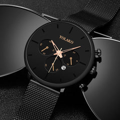BLACK Men's Fashion Business Watches for Men Casual Calendar Clock Luxury Stainless Steel Mesh Belt Quartz Watch Montre Homme