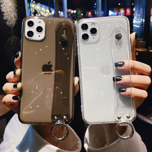 Glitter Powder Transparent Phone Case For iPhone 11 Pro X XR XS Max 6 6S 7 8 Plus Soft Silicone Wrist Strap Bracket Back Cover