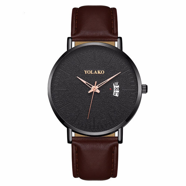 YOLAKO To Brand Sleek Minimalist Men's Watch Leather Belt Watch British Style Calendar Simple Quartz Clock Erkek Kol Saati