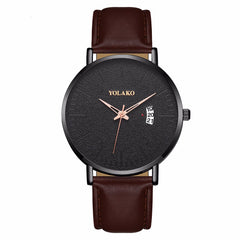 YOLAKO To Brand Sleek Minimalist Men's Watch Leather Belt Watch British Style Calendar Simple Quartz Clock Erkek Kol Saati