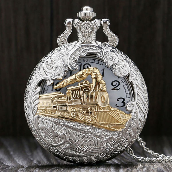 2020 New Train Locomotive Engine Pattern Hollow Cover Design Pocket Watch Necklace Pendant Chain Unisex Gifts Clock Cep saati@50 (A)