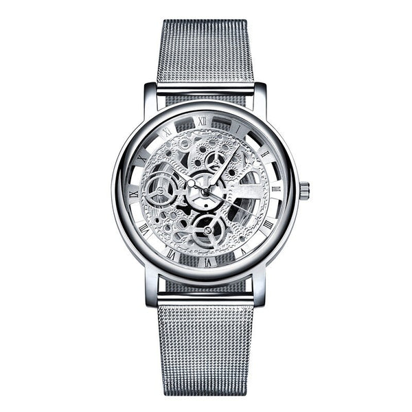 Mens Fashion Hollow Watches Men Business Watch Male Stainless Steel Mesh Belt Skeleton Quartz Wrist Watch Relogio Masculino