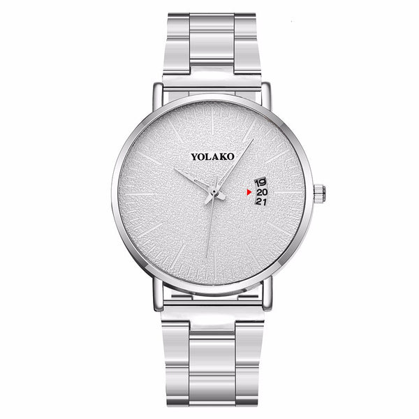 YOLAKO To Brand Fashion Men's Watch High-grade Simple Steel Belt Business Watches Black Steel Belt Calendar Quartz Wristwatch