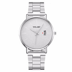 YOLAKO To Brand Fashion Men's Watch High-grade Simple Steel Belt Business Watches Black Steel Belt Calendar Quartz Wristwatch