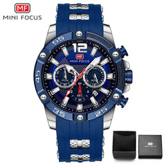 MINIFOCUS Big Dial Blue Black Gold Chronograph Watch Men Sport Watches Mens 2019 Silicone Band Military Quartz Watches Men Clock