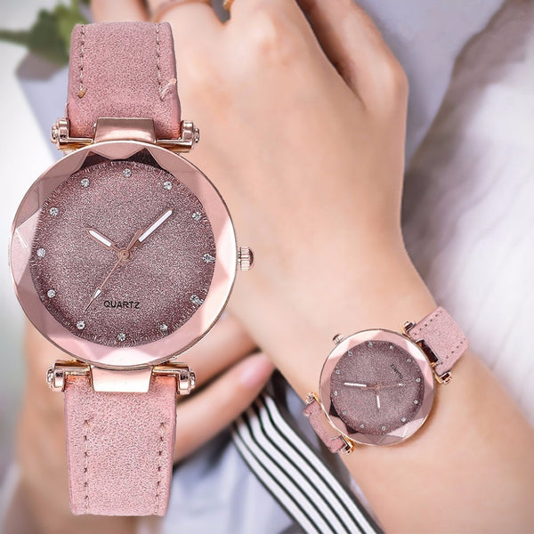 Womens Watches Starry Sky Fashion Pink Ultra-thin Leather  Ladies Romantic Analog Quartz Watch Female Belt Watch Gift Clock*X