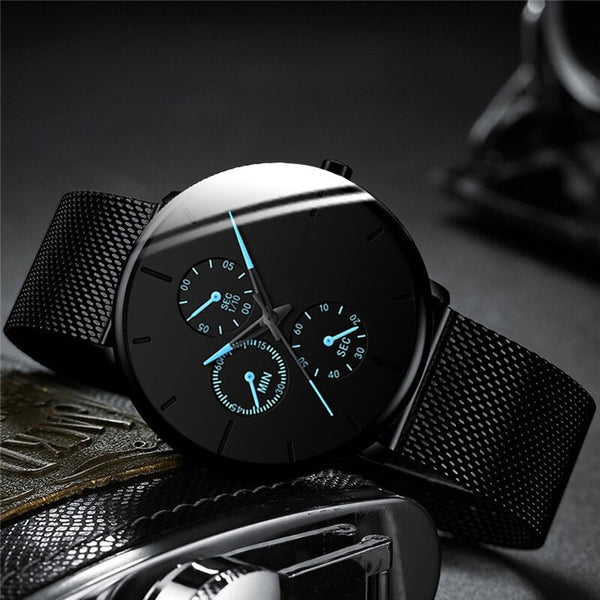 2020 Fashion Mens Business Blue Stainless Steel Mesh Belt Quartz Wrist Watch Luxury Men Ultra Thin Casual Classic Watch