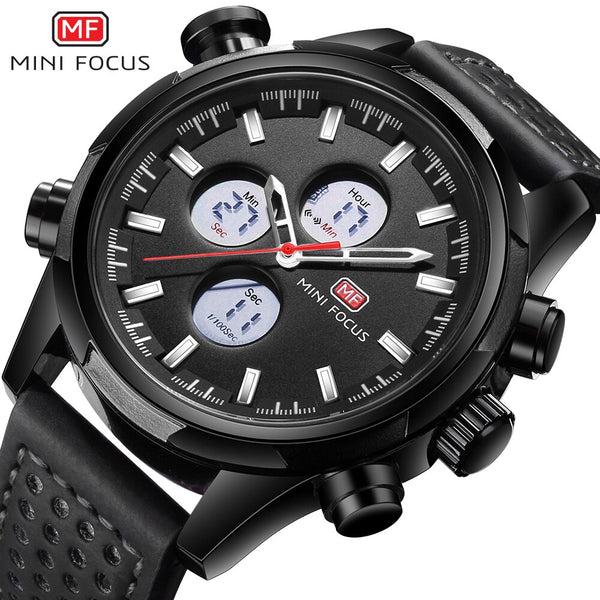 MINI FOCUS Luxury Brand Watch Men Sports Watches Analog Digital Dual Display Leather Men's Watches Army Military Watch Man Clock