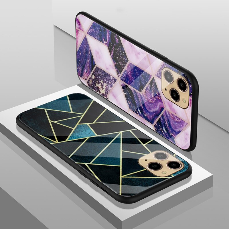 Glass  Case For iPhone 11 X XS MAX XR 6 6S 7 8 Plus Phone Cases Tempered Glass Geometric Marble Pattern Cover For iPhone XS Max