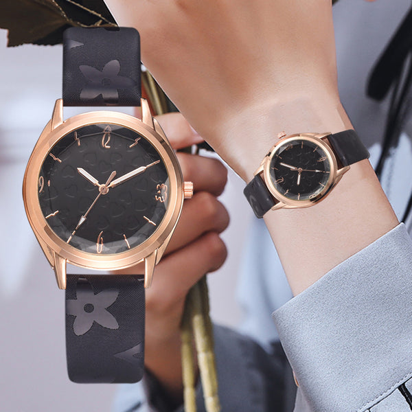 New Fashion Watches Women Gold Frame Dial Ladies Casual Quartz Wristwatch Solid Color Flower Leather Strap Clock Reloj Mujer @50
