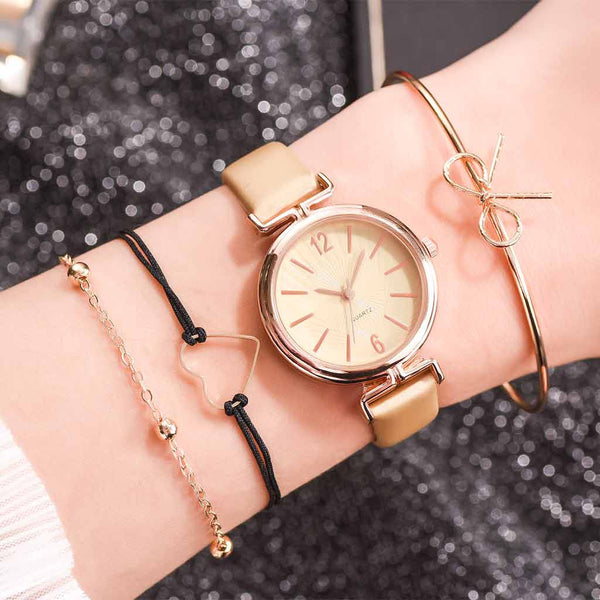 New Product Women Watches Dial Ladies Bracelet Quartz Wristwatch Bracelet Set Soild Color Leather Clock Gift Relogio Feminino*M