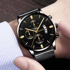 2020 Men's Fashion Business Calendar Watches Luxury Blue Stainless Steel Mesh Belt Analog Quartz Watch relogio masculino
