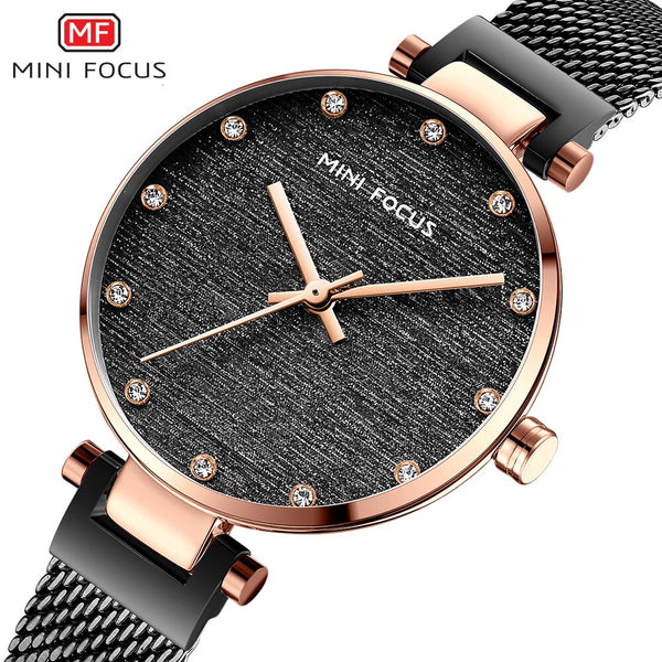 MINIFOCUS Girls Watches Womans Top Brand Luxury 2019 Black Rose Gold Watch Women Quartz Stainless Steel Women's Watch Ladies