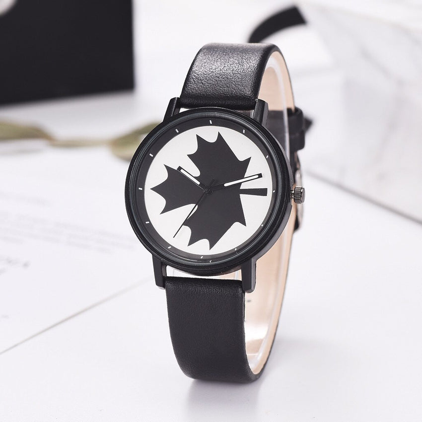 Modern Watch Women Black Maple Leaf Pattern Fashion Quartz Wristwatch High Quality Leather Strap Casual Female Montre Femme@50