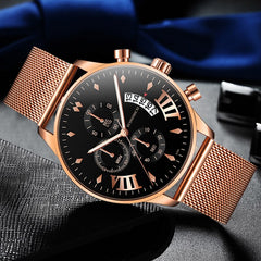 Luxury Fashion Mens Business Watches Men Casual Calendar Watch Stainless Steel Mesh Belt Quartz Wristwatch relogio masculino